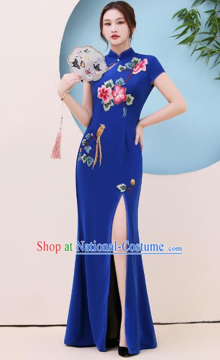 China Party Compere Clothing Modern Dance Qipao Dress Stage Show Embroidery Royalblue Cheongsam