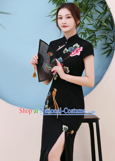 China Modern Dance Qipao Dress Stage Show Embroidery Black Cheongsam Party Compere Clothing