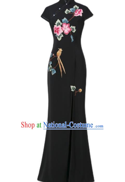 China Modern Dance Qipao Dress Stage Show Embroidery Black Cheongsam Party Compere Clothing