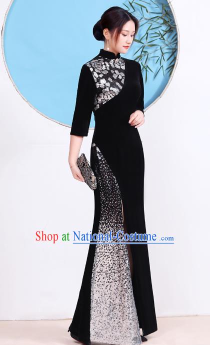 China Catwalks Black Velvet Qipao Dress Party Compere Clothing Stage Show Cheongsam