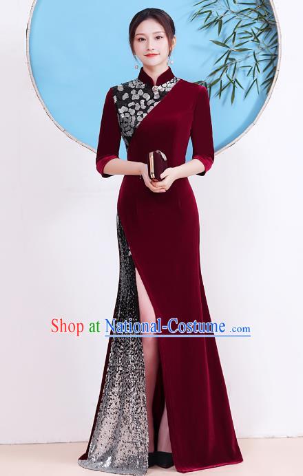 China Party Compere Clothing Stage Show Cheongsam Catwalks Wine Red Velvet Qipao Dress