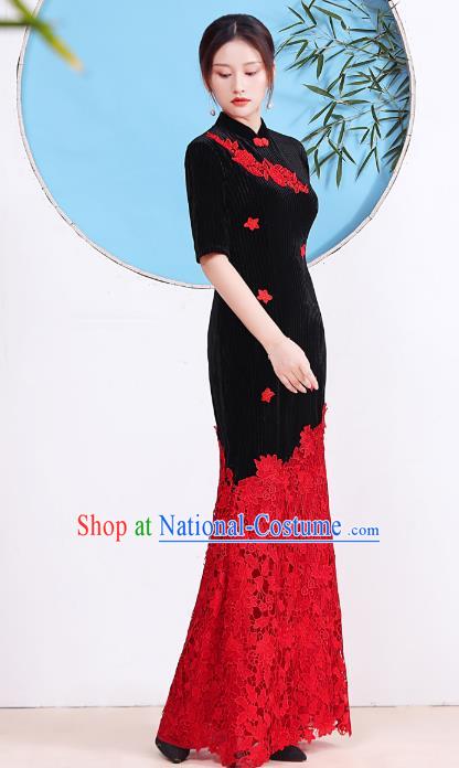 China Stage Show Red Lace Fishtail Cheongsam Catwalks Black Velvet Qipao Dress Compere Clothing