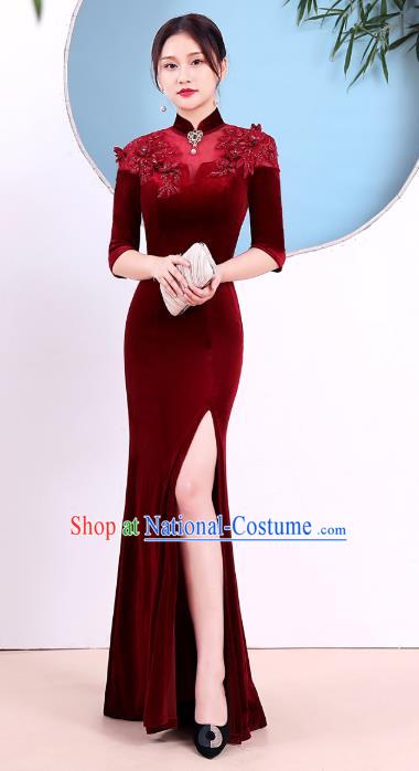 China Catwalks Wine Red Velvet Qipao Dress Modern Dance Clothing Stage Show Embroidery Cheongsam