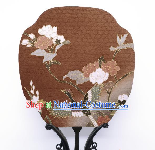 China Hand Painting Crane Flowers Palace Fan Brown Silk Fan Traditional Cheongsam Dance Fans