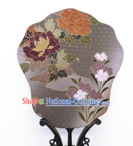 China Classical Cheongsam Dance Fans Hand Painting Peony Palace Fan Traditional Grey Silk Fan