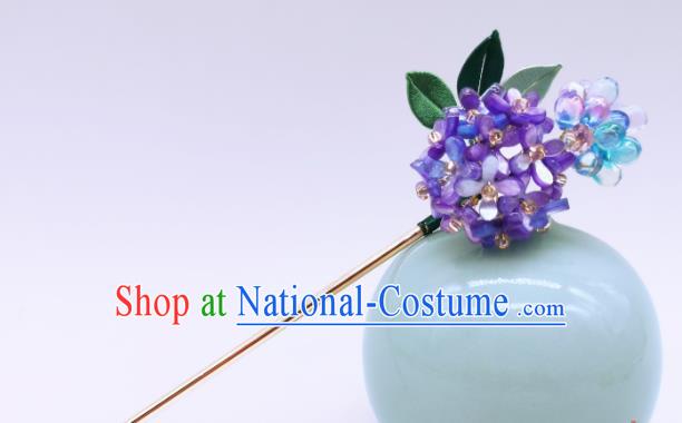 Chinese Traditional Hanfu Hairpin Handmade Ancient Palace Lady Purple Hydrangea Hair Stick