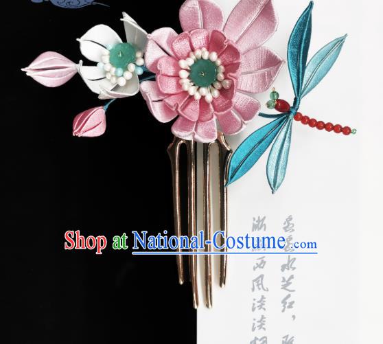 Chinese Handmade Ancient Princess Pink Silk Lotus Hairpin Hanfu Hair Accessories Traditional Beads Dragonfly Hair Comb