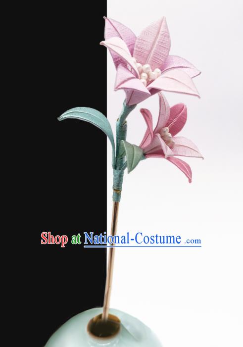 Chinese Traditional Pink Silk Lily Flowers Hair Stick Handmade Hanfu Hair Accessories Ancient Princess Hairpin