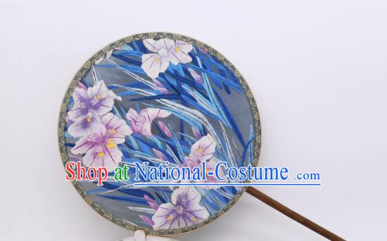 China Traditional Palace Fan Ancient Song Dynasty Princess Silk Fan Classical Embroidered Iris Flowers Circular Fans