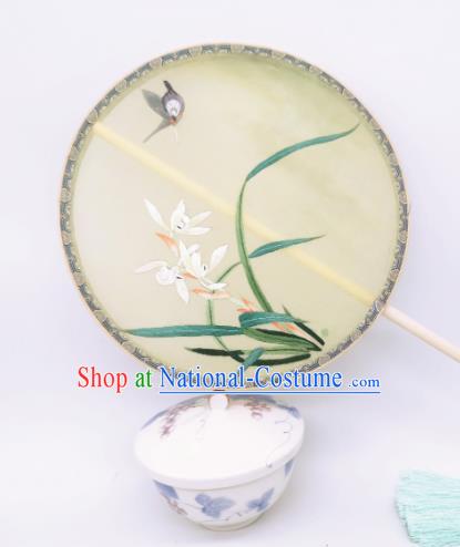 China Classical Embroidered Orchids Circular Fans Ancient Princess Palace Fan Traditional Song Dynasty Light Yellow Silk Fan