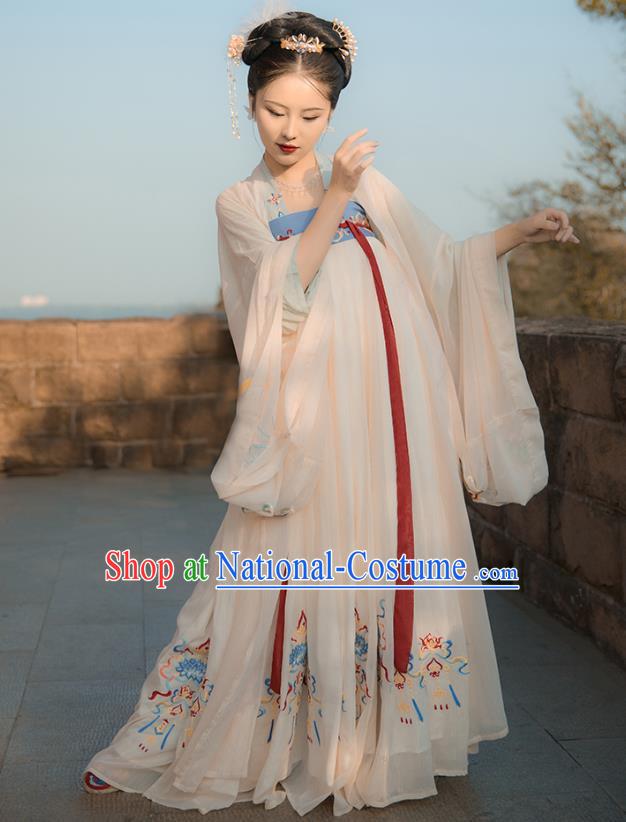 China Ancient Goddess White Hanfu Dress Traditional Tang Dynasty Embroidered Historical Clothing for Court Beauty