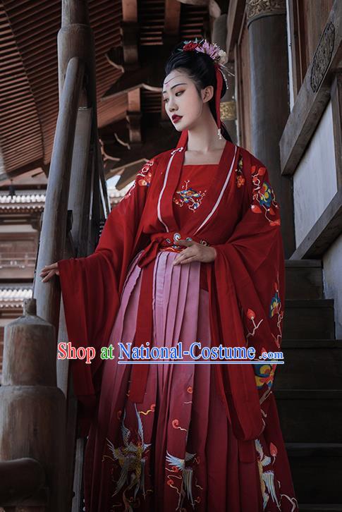 China Traditional Song Dynasty Embroidered Historical Clothing Ancient Princess Wedding Red Hanfu Dress Apparels for Woman