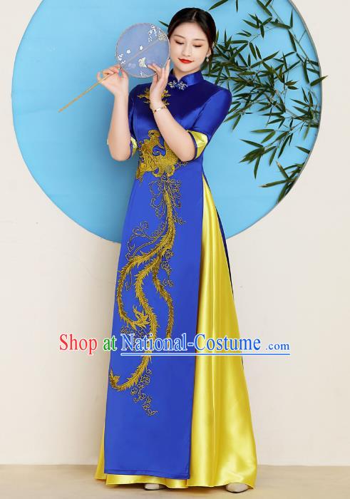 China Catwalks Royalblue Satin Qipao Dress Classical Dance Clothing Stage Performance Embroidery Golden Phoenix Cheongsam