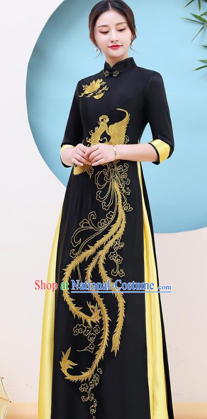 China Stage Performance Embroidery Golden Phoenix Cheongsam Catwalks Black Satin Qipao Dress Mother Clothing