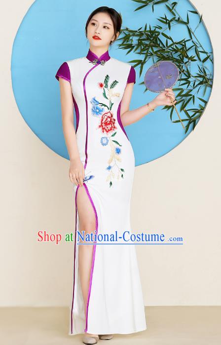 China Young Woman Clothing Stage Performance Embroidery Peony Cheongsam Catwalks Fishtail Qipao Dress