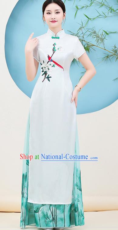 China Catwalks Printing Chiffon Qipao Dress Young Woman Clothing Stage Performance Embroidery Flower Bird Cheongsam