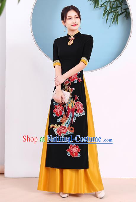 China Catwalks Ao Dai Qipao Dress Modern Dance Clothing Stage Performance Embroidery Phoenix Peony Black Cheongsam