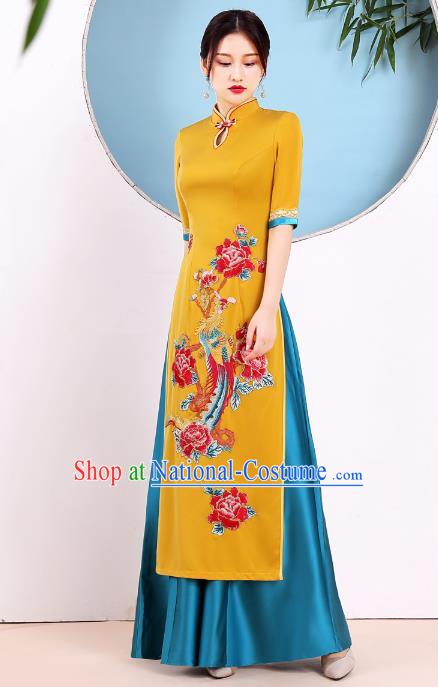 China Modern Dance Clothing Stage Performance Embroidery Phoenix Peony Yellow Cheongsam Catwalks Ao Dai Qipao Dress