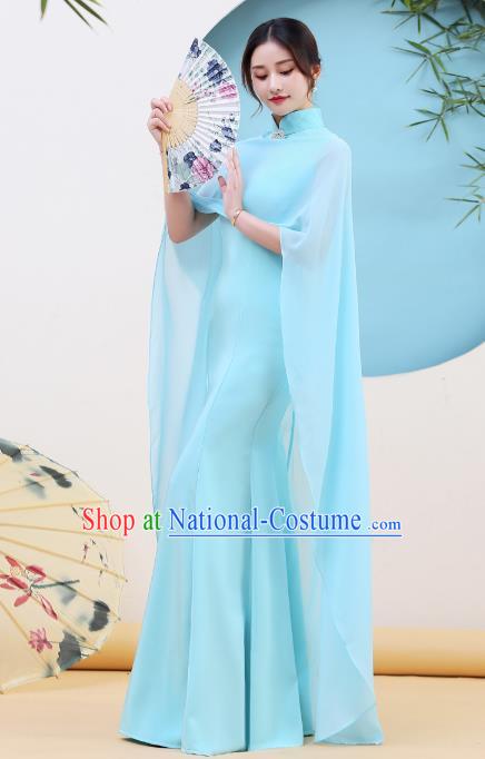 China Catwalks Light Blue Qipao Dress Stage Performance Fishtail Cheongsam Woman Classical Dance Clothing