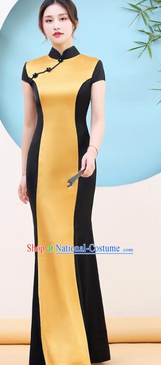 China Catwalks Golden Qipao Dress Stage Performance Fishtail Cheongsam Woman Chorus Clothing