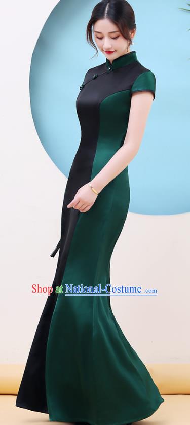 China Stage Performance Fishtail Cheongsam Woman Chorus Clothing Catwalks Deep Green Qipao Dress