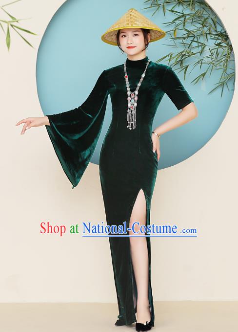 China Catwalks Green Velvet Qipao Dress Stage Performance Single Mandarin Sleeve Cheongsam Woman Clothing