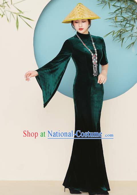 China Catwalks Green Velvet Qipao Dress Stage Performance Single Mandarin Sleeve Cheongsam Woman Clothing