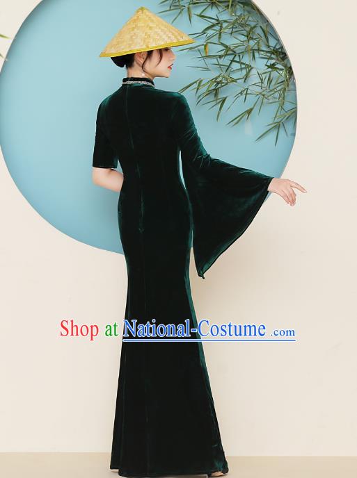 China Catwalks Green Velvet Qipao Dress Stage Performance Single Mandarin Sleeve Cheongsam Woman Clothing