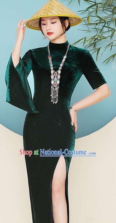 China Catwalks Green Velvet Qipao Dress Stage Performance Single Mandarin Sleeve Cheongsam Woman Clothing