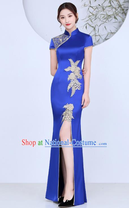 China Catwalks Fishtail Qipao Stage Show Royalblue Satin White Cheongsam Woman Annual Meeting Dress Clothing