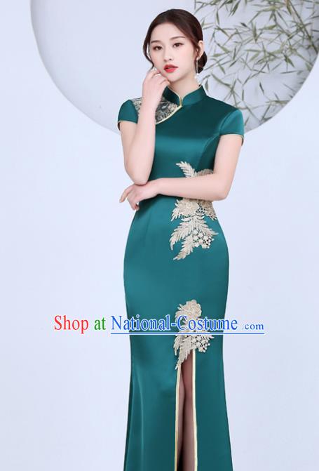 China Stage Show Fishtail Cheongsam Woman Annual Meeting Dress Clothing Catwalks Green Satin Qipao