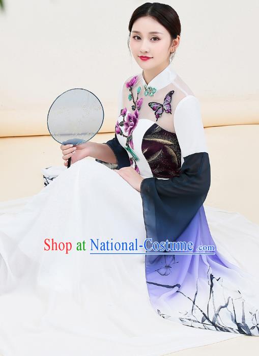 China Catwalks Ink Painting Orchids Qipao Dress Stage Show Cheongsam Woman Classical Dance Clothing