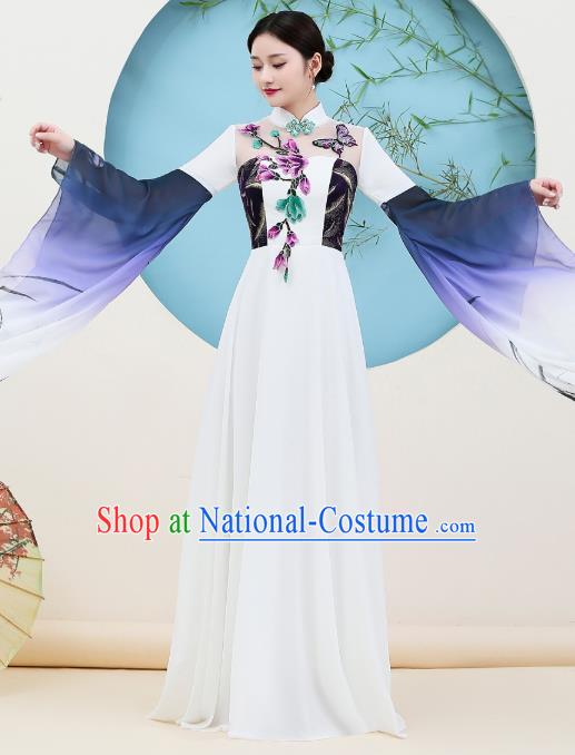 China Catwalks Ink Painting Orchids Qipao Dress Stage Show Cheongsam Woman Classical Dance Clothing