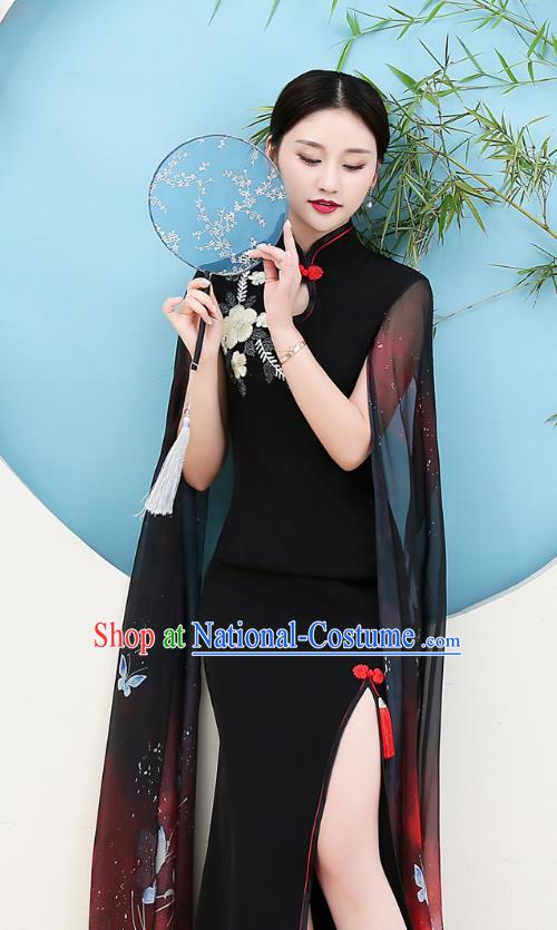 China Woman Water Sleeve Clothing Catwalks Embroidery Black Qipao Dress Stage Show Cheongsam