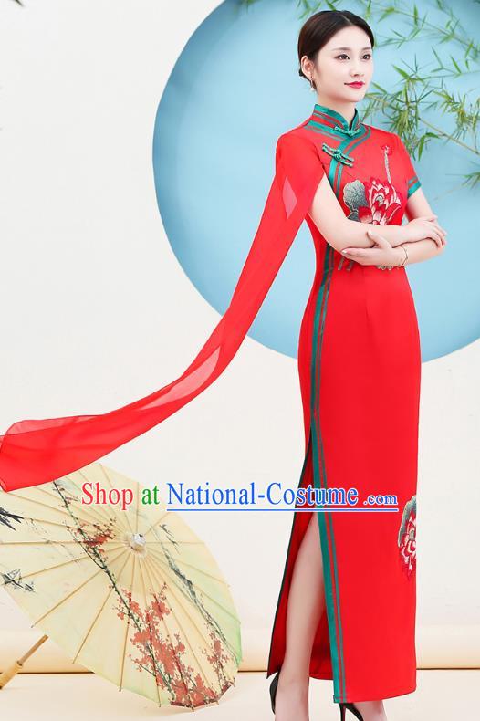 China Catwalks Red Qipao Dress Stage Show Printing Lotus Cheongsam Miss Etiquette Clothing