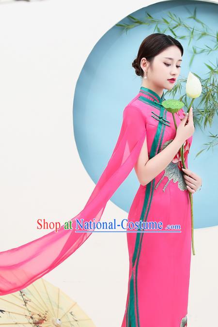 China Stage Show Embroidery Lotus Cheongsam Miss Etiquette Clothing Catwalks Rosy Satin Qipao Dress