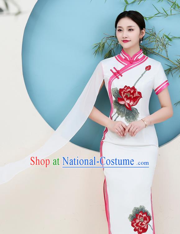 China Miss Etiquette Stage Show Clothing Woman Catwalks White Satin Qipao Dress Embroidery Lotus Cheongsam