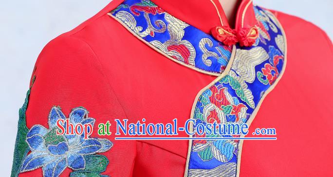 China Stage Show Clothing Woman Catwalks Qipao Dress Embroidery Lotus Red Cheongsam