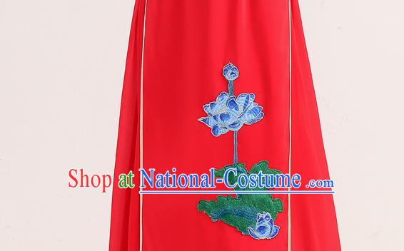 China Stage Show Clothing Woman Catwalks Qipao Dress Embroidery Lotus Red Cheongsam