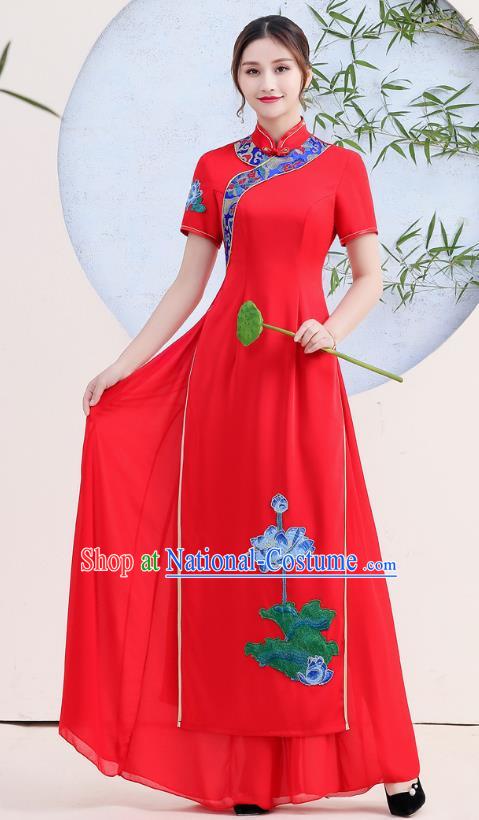 China Stage Show Clothing Woman Catwalks Qipao Dress Embroidery Lotus Red Cheongsam