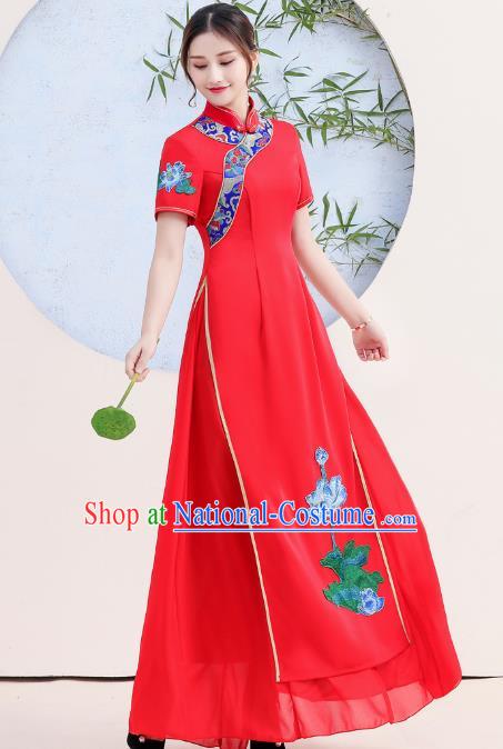 China Stage Show Clothing Woman Catwalks Qipao Dress Embroidery Lotus Red Cheongsam