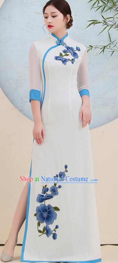 China Stage Show Clothing Woman Classical Dance Qipao Dress Embroidery Blue Flowers Cheongsam