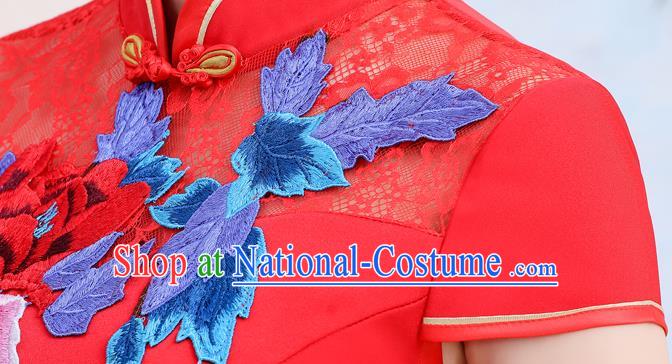 China Woman Wedding Red Satin Qipao Dress Catwalks Embroidery Peony Cheongsam Stage Show Clothing