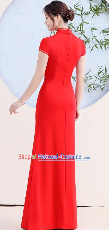 China Woman Wedding Red Satin Qipao Dress Catwalks Embroidery Peony Cheongsam Stage Show Clothing