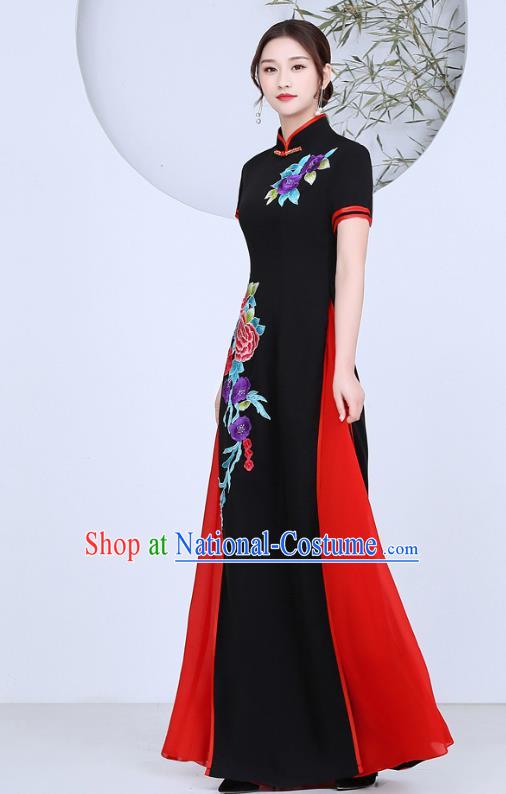 China Stage Performance Clothing Classical Dance Qipao Dress Catwalks Show Embroidery Peony Black Cheongsam