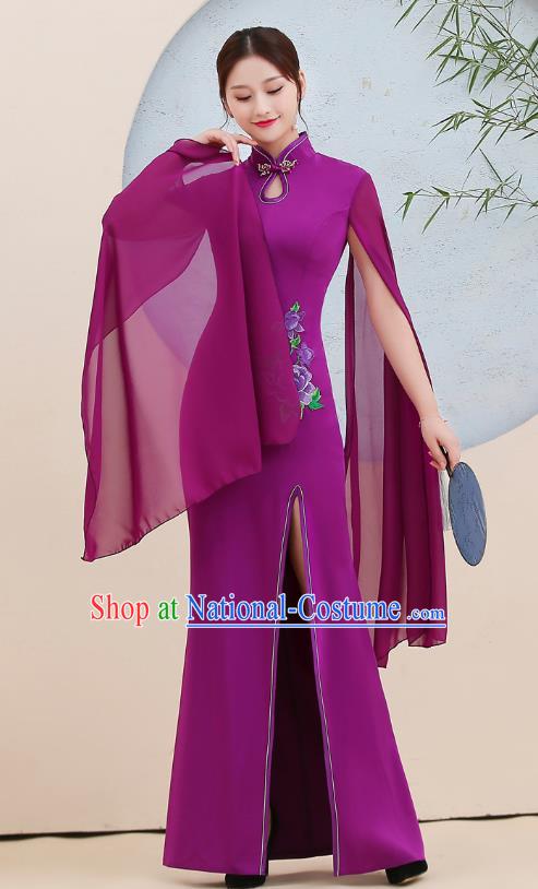 China Stage Performance Embroidery Cheongsam Woman Fishtail Clothing Catwalks Purple Chiffon Sleeve Qipao Dress