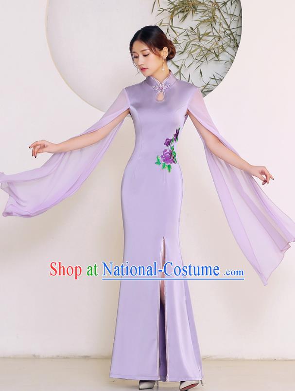 China Woman Fishtail Dress Clothing Catwalks Lilac Chiffon Sleeve Qipao Stage Performance Embroidery Cheongsam