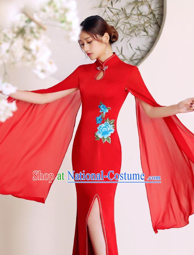 China Stage Performance Embroidery Cheongsam Woman Wedding Fishtail Dress Clothing Catwalks Red Chiffon Sleeve Qipao