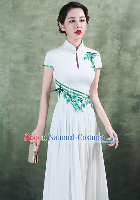 China Stage Performance Chorus Clothing Classical Embroidery White Qipao Dress Catwalks Show Cheongsam