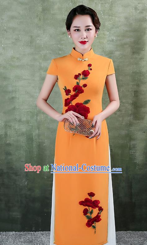 China Catwalks Show Aodai Cheongsam Stage Performance Clothing Classical Embroidery Orange Satin Qipao Dress